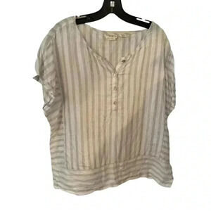 Christian Siriano women’s LINEN white & gray striped top button front size XL